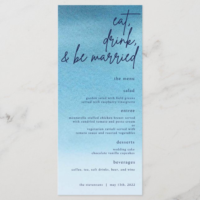 Eat, Drink, and Be Married Blue Watercolor Wedding Menu (Front)