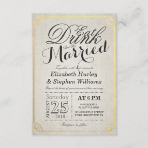 EAT Drink and Be Married Damask Paper Gold Border Invitation