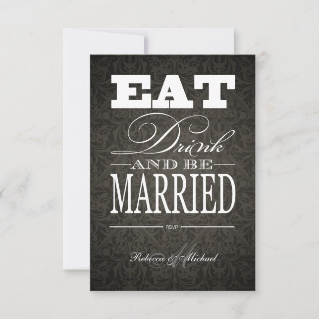 Eat Drink and be Married - Elegant Black Damask RSVP Card (Front)