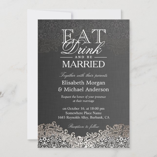 EAT Drink and Be Married Elegant Silver Damask Invitation (Front)
