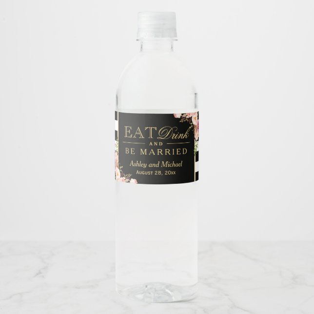 Eat Drink and Be Married | Floral Stripes Wedding Water Bottle Label (Front)