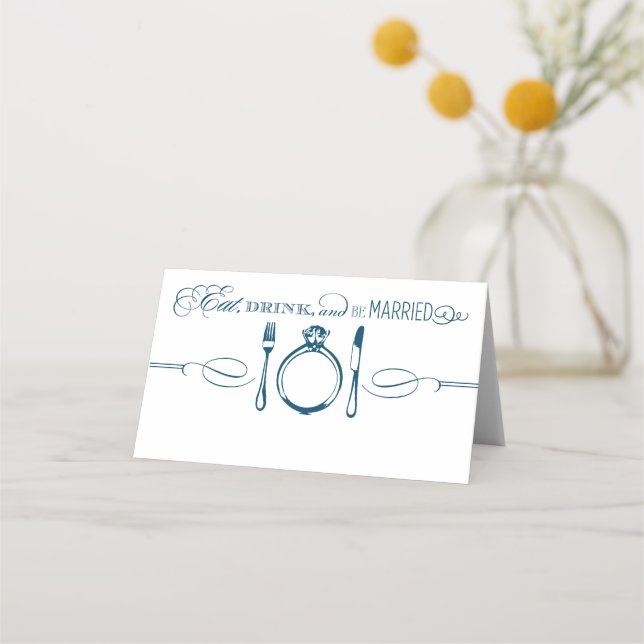 Eat Drink and Be Married Navy Monogram Wedding Place Card (Front)