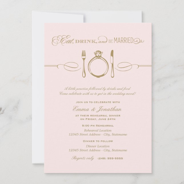 Eat Drink and Be Married Pink Rehearsal Dinner Invitation (Front)