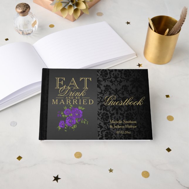 Eat, Drink and Be Married Purple Guestbook (Front Open)