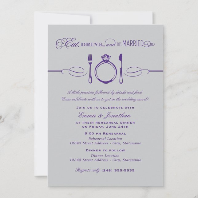Eat Drink and Be Married Purple Rehearsal Dinner Invitation (Front)
