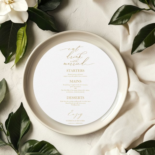 Eat Drink and Be Married Round Menu Card For Plate (Creator Uploaded)