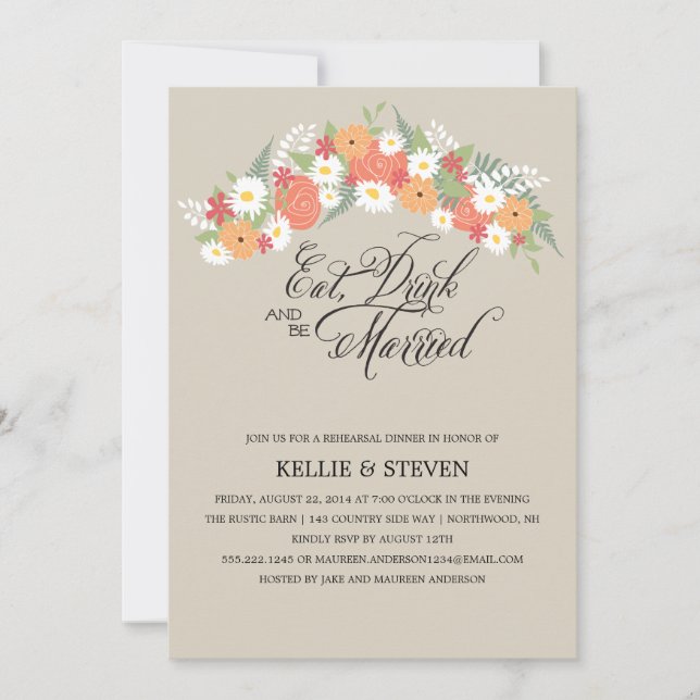 Eat Drink and Be Married Rustic Floral Wreath Invitation (Front)