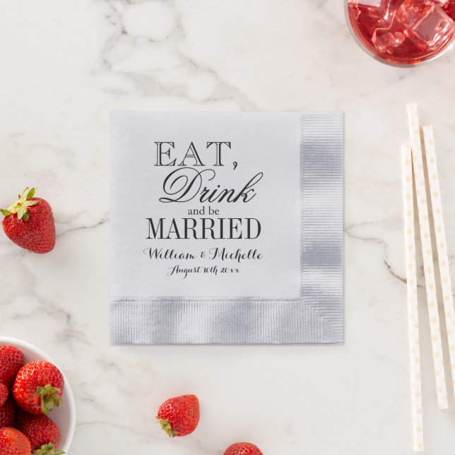 Eat drink and be married silver coined wedding napkin (Insitu)