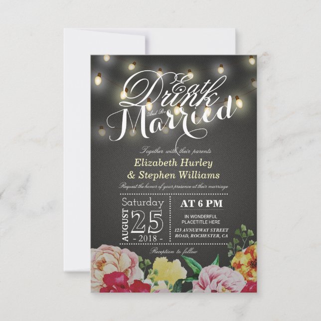 EAT Drink and Be Married String Light Chic Floral Invitation (Front)