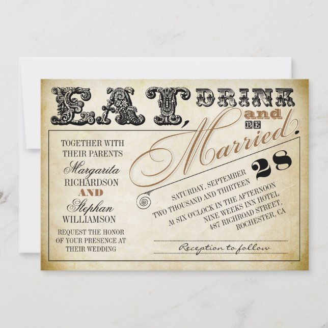 eat drink and be married typography wedding invite (Front)