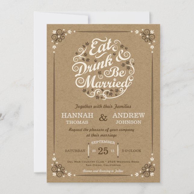 Eat Drink and Be Married Wedding Kraft Invite (Front)