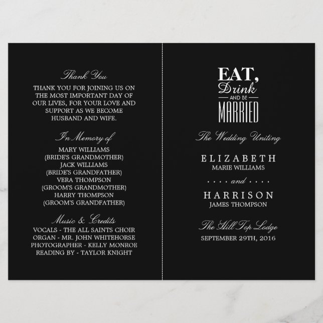 Eat, Drink and be Married Wedding Program (Front)
