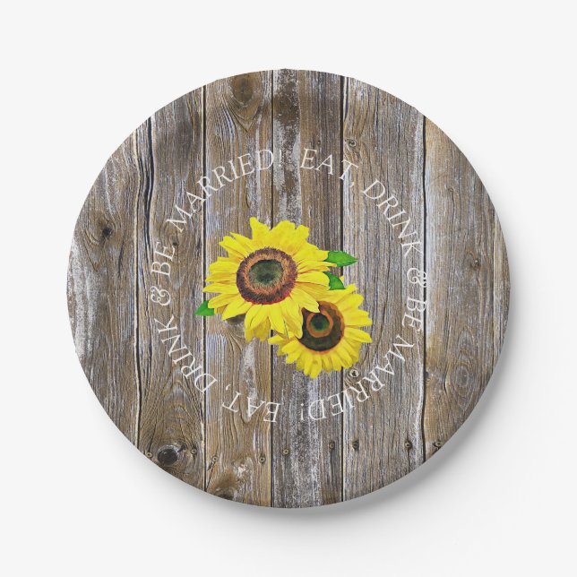 Eat, Drink and Be Married Wood and Sunflower Paper Plate (Front)