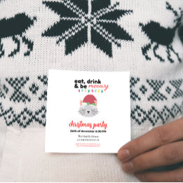 Eat Drink and be Meowy Cartoon Santa Cat Christmas Invitation
