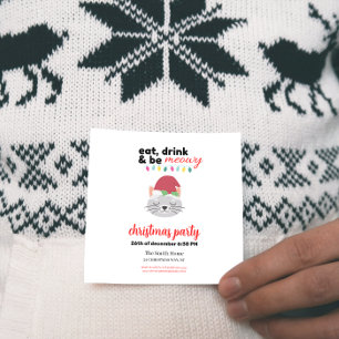 Eat Drink and be Meowy Cartoon Santa Cat Christmas Invitation