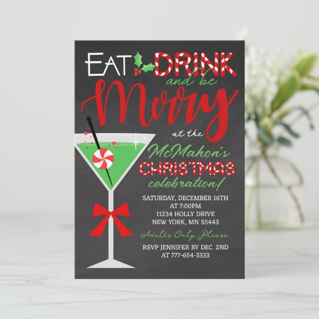 Eat, Drink and Be Merry Chalkboard Christmas Party Invitation (Standing Front)