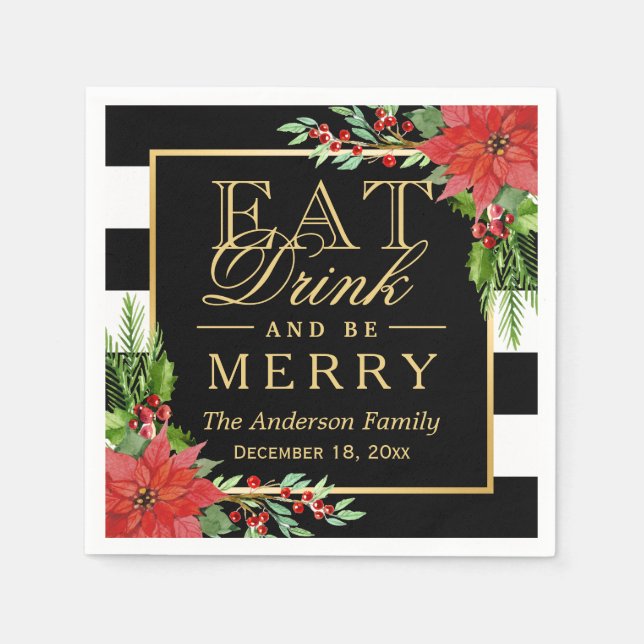 Eat Drink and Be Merry Christmas Botanical Floral Napkin (Front)