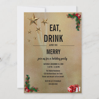 Eat, Drink and Be Merry Christmas Gold Glitter Invitation