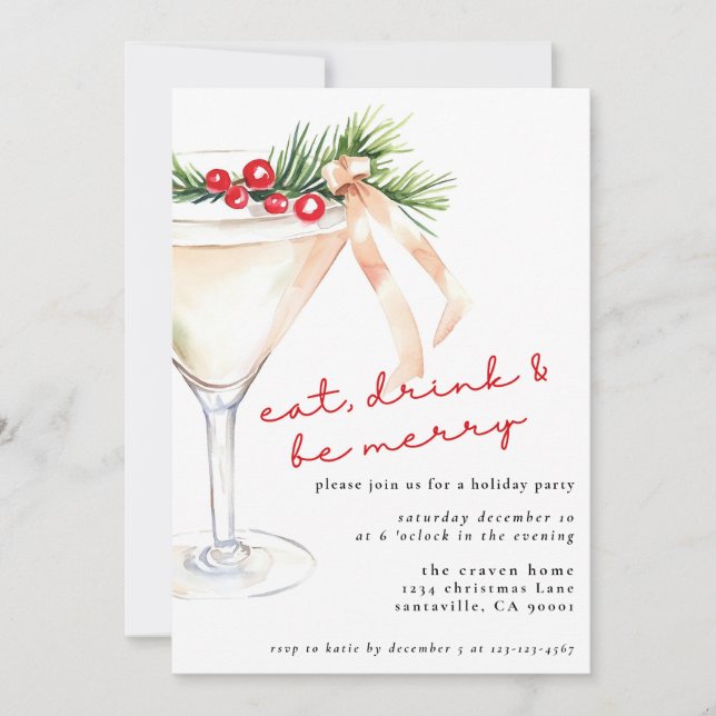Eat, Drink and Be Merry Christmas Martini Holiday Card (Front)