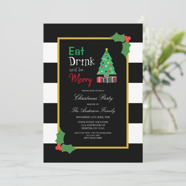 Eat Drink And Be Merry Christmas Party Invitation (Standing Front)