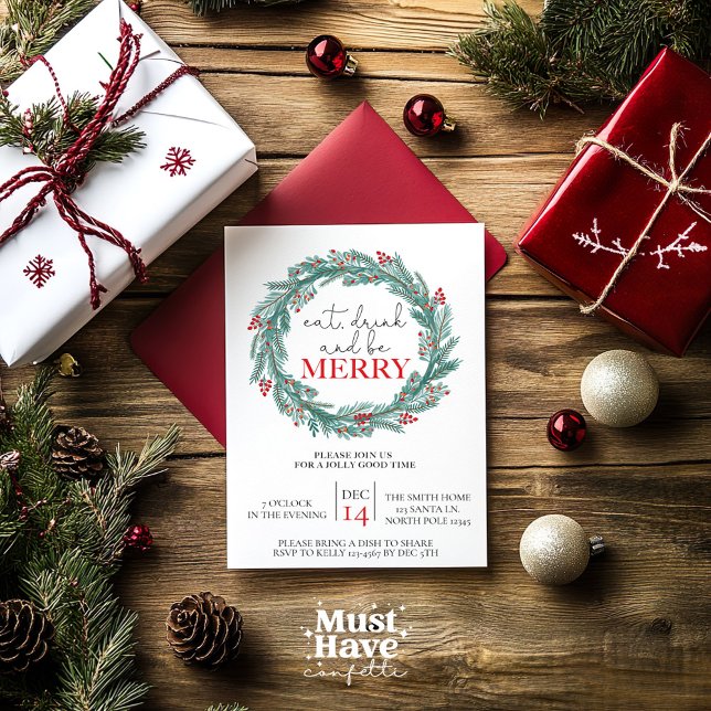Eat, Drink and Be Merry Christmas Party Potluck  Holiday Card (Creator Uploaded)