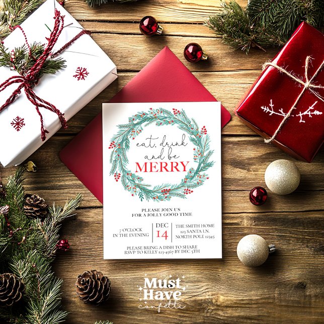 Eat, Drink and Be Merry Christmas Party Potluck  Invitation (Creator Uploaded)