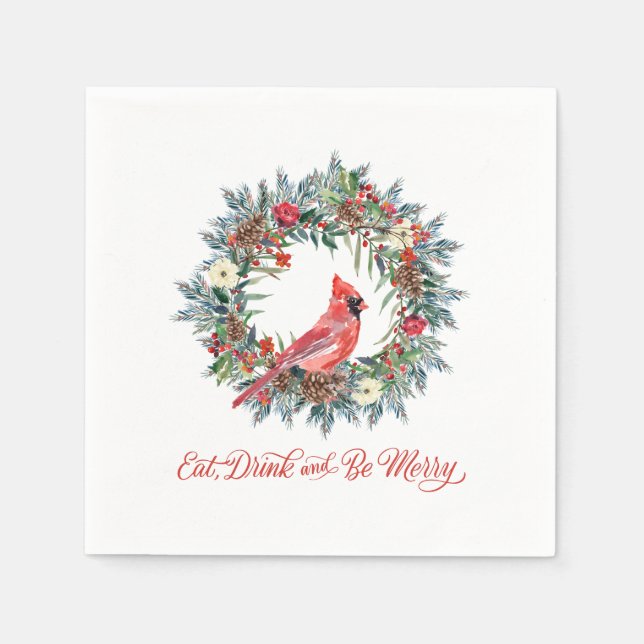 Eat Drink and be Merry Christmas Wreath Cardinal Napkin (Front)