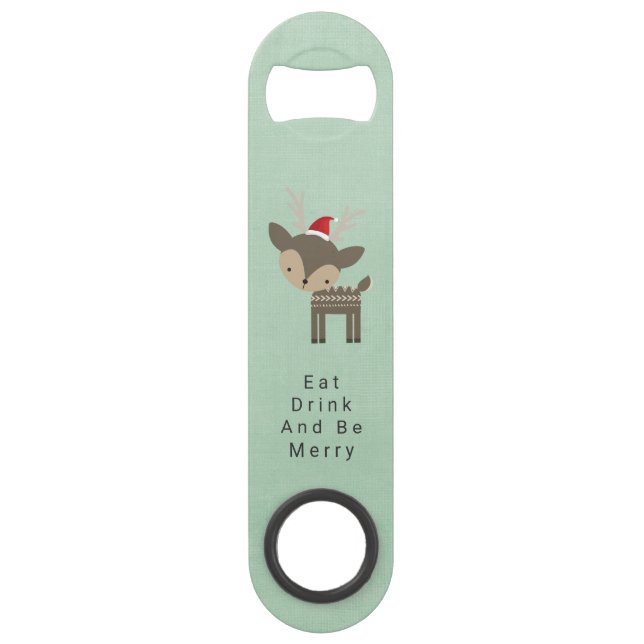 Eat Drink And Be Merry Cute Deer In Red Santa Hat (Front)