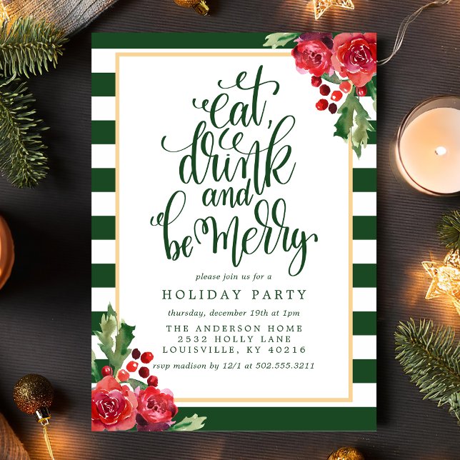 Eat Drink And Be Merry Floral Holiday Party Invitation (Creator Uploaded)