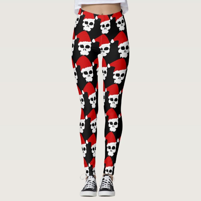 Eat, Drink and Be Merry Funny Skull Santa Goth Leggings (Front)