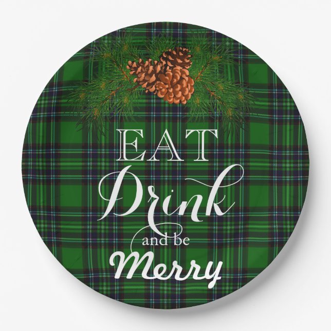 Eat Drink and be Merry -green buffalo plaid Paper Plate (Front)