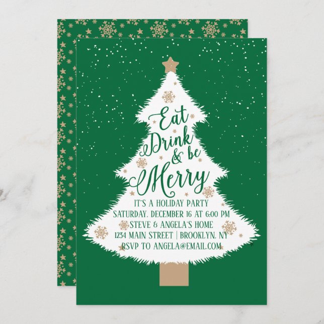 Eat Drink and Be Merry Green Christmas Tree Party Invitation (Front/Back)