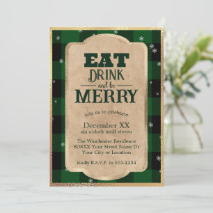 Eat Drink and Be Merry Green Plaid Christmas Invitation