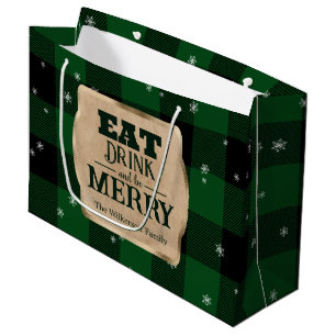 Eat Drink and Be Merry Green Plaid Christmas Large Gift Bag