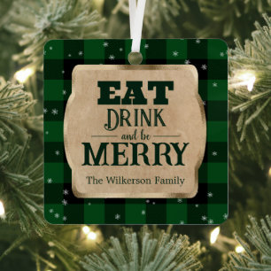Eat Drink and Be Merry Green Plaid Christmas Metal Tree Decoration