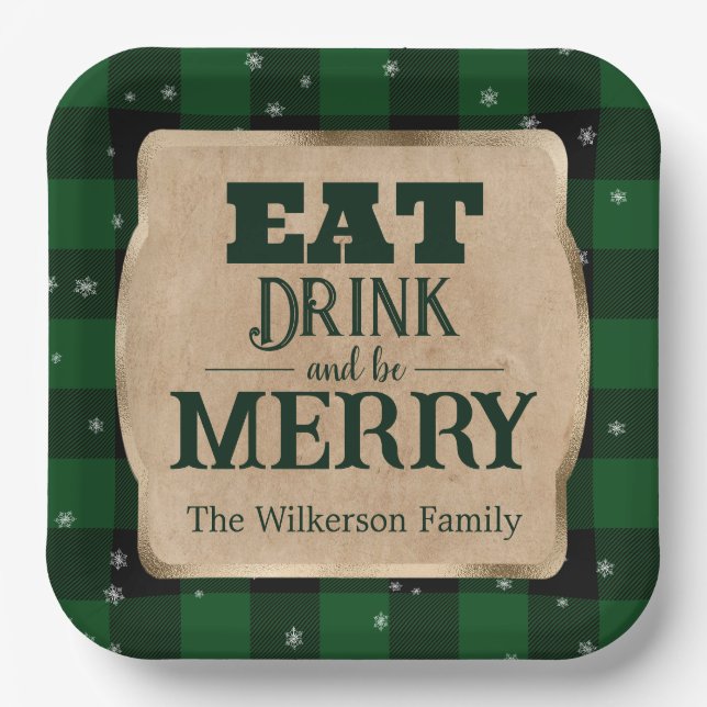 Eat Drink and Be Merry Green Plaid Christmas Paper Plate (Front)