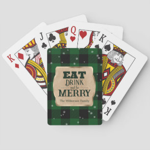 Eat Drink and Be Merry Green Plaid Christmas Playing Cards