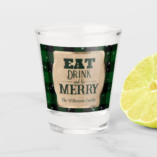Eat Drink and Be Merry Green Plaid Christmas Shot Glass