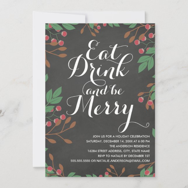 Eat Drink and be Merry Holly Berries Holiday Party Invitation (Front)