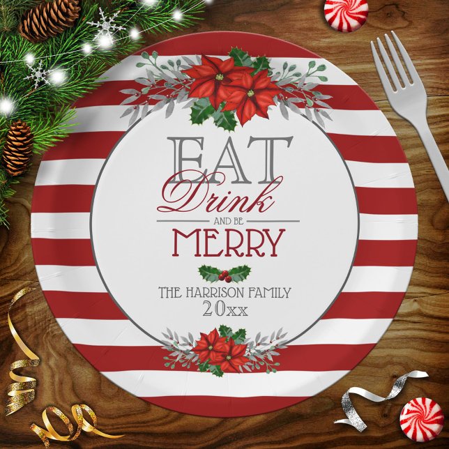 Eat Drink and Be Merry Poinsettia Christmas Paper Plate (Creator Uploaded)