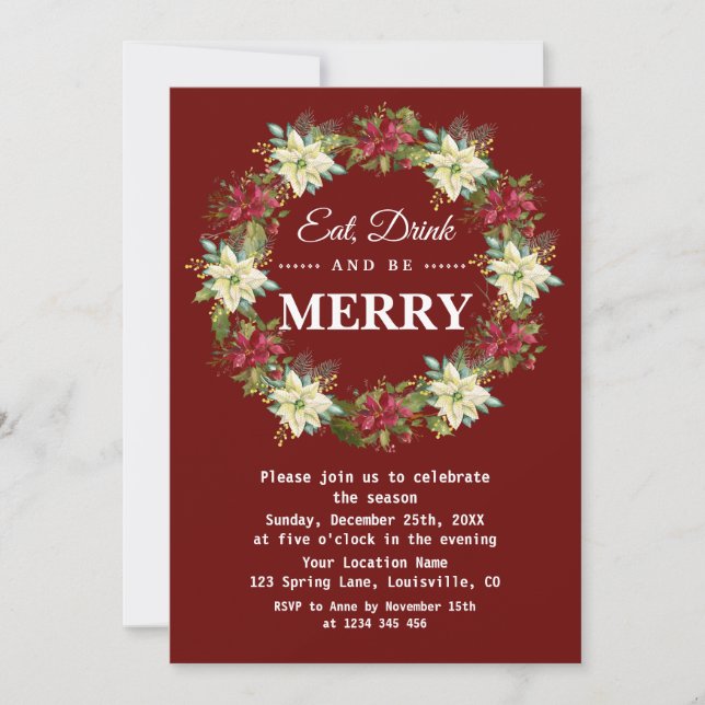 Eat Drink and be Merry Poinsettia Christmas Party Invitation (Front)