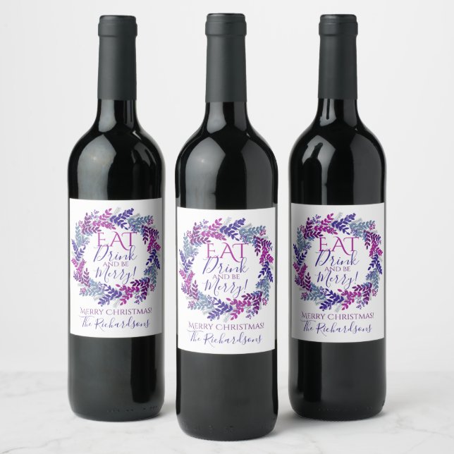 Eat Drink And Be Merry Purple Christmas Wreath Wine Label (Bottles)
