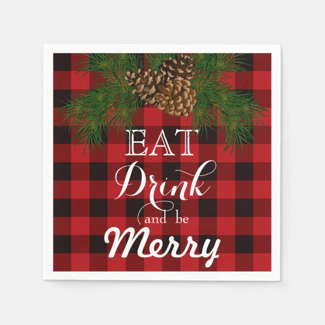Eat Drink and be Merry, red-black tartan, pinecone Napkin (Front)