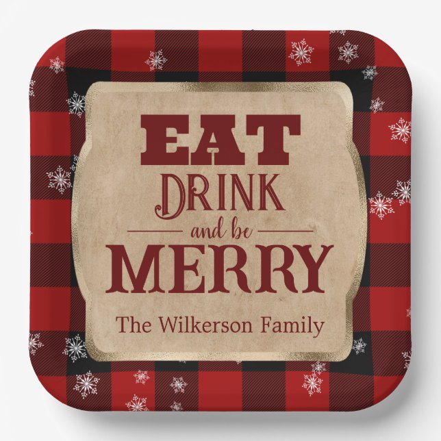 Eat Drink and Be Merry Rustic Red Plaid Christmas Paper Plate (Front)