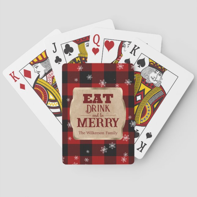 Eat Drink and Be Merry Rustic Red Plaid Christmas Playing Cards (Back)