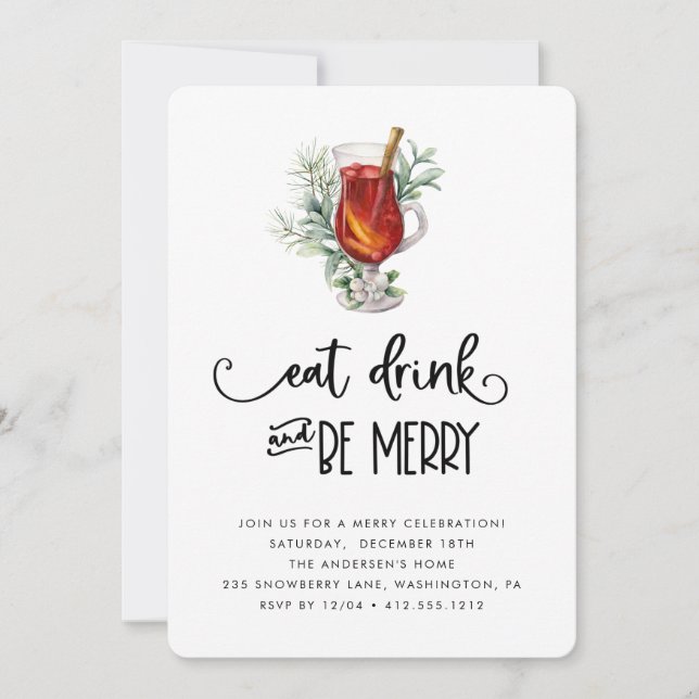 Eat Drink and Be Merry Snowberries Christmas Party Invitation (Front)