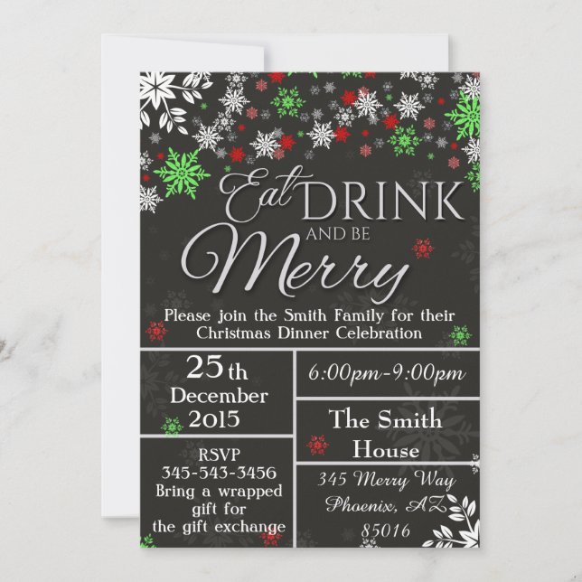 Eat Drink and Be Merry Snowflake Holiday Christmas Invitation (Front)