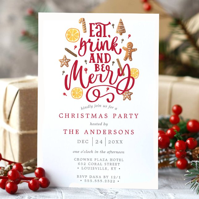 Eat Drink And Be Merry Watercolor Christmas Party Invitation (Creator Uploaded)