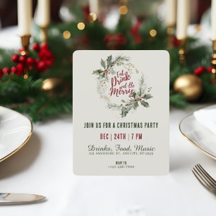 Eat Drink and Be Merry Wreath Christmas Party Invitation