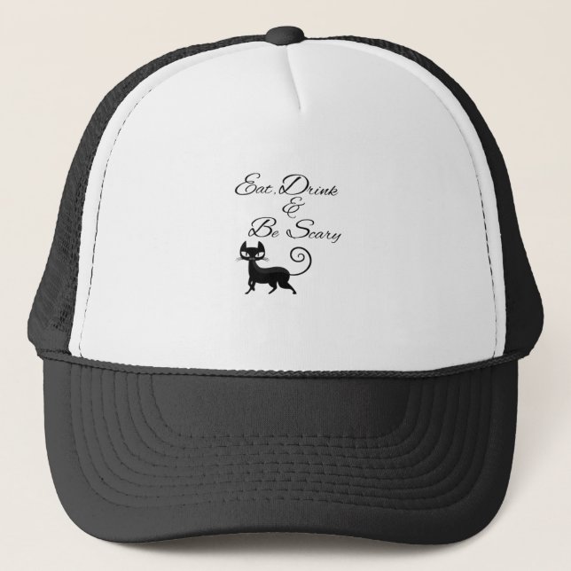 Eat Drink And Be Scary Cat Funny Cute Spooky Hallo Trucker Hat (Front)